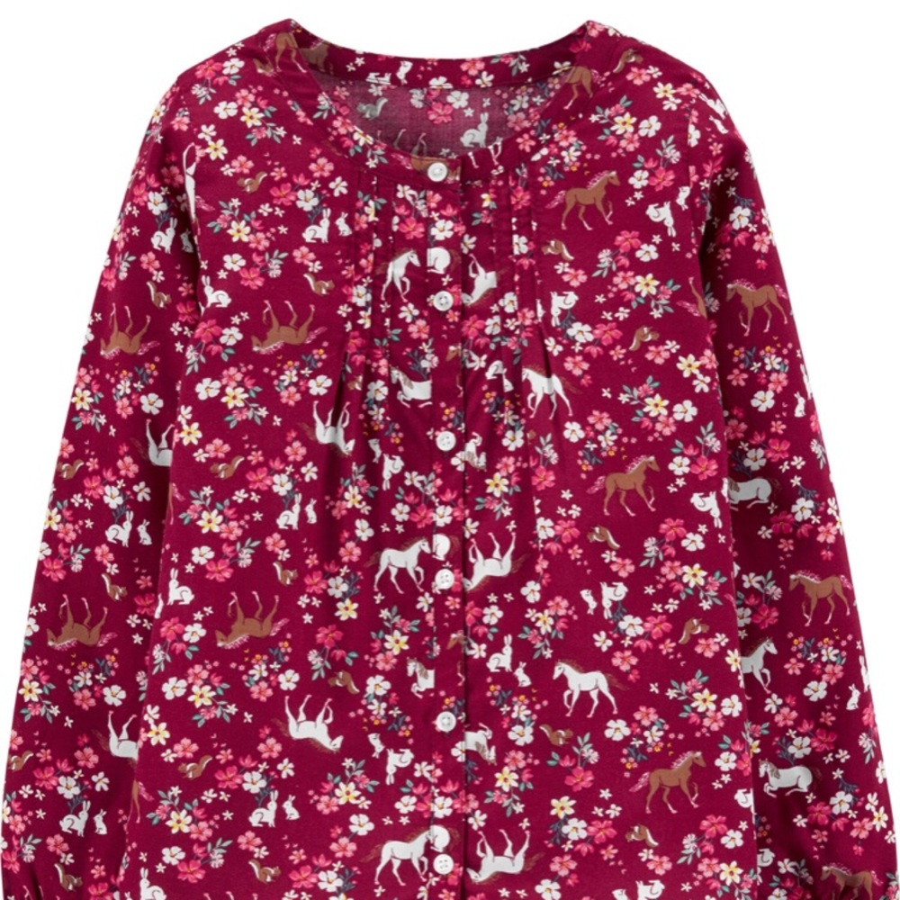 Floral Horse Poplin Girls Top 3T